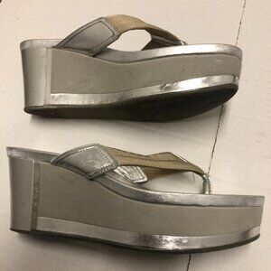 Prada silver platform wedge T-strap open toe leather sandals size 38
